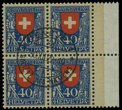 40+10 C. Pro Juventute 1922 im Luxus-4er-Block vom rechten Seitenrand ...